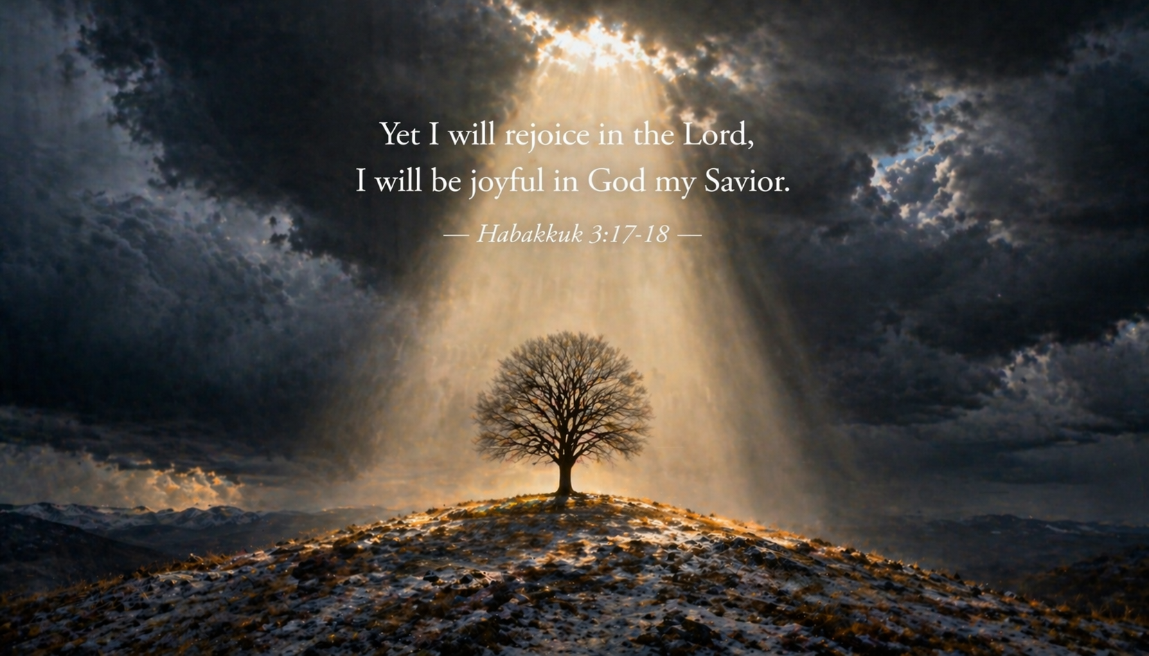 Single leafless tree on barren winter hilltop illuminated by solitary golden beam of sunlight through heavy grey clouds -- Habakkuk 3:17-18 wallpaper